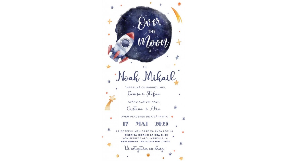 Invitație digitală botez băiat – Over the Moon Tematică galaxii și cosmos Invitație electronică personalizată 1